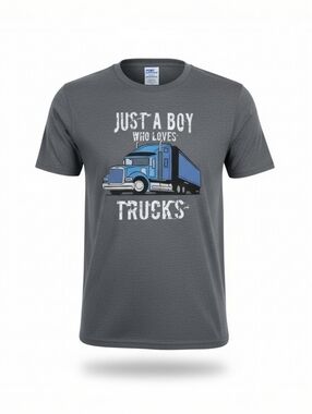 Port & Company Large Blue Grey Just A Boy Who Loves Trucks T-shirt